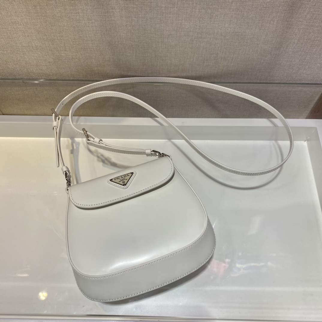 Prada Cleo Brushed Leather Shoulder Bag With Flap White 1BH188